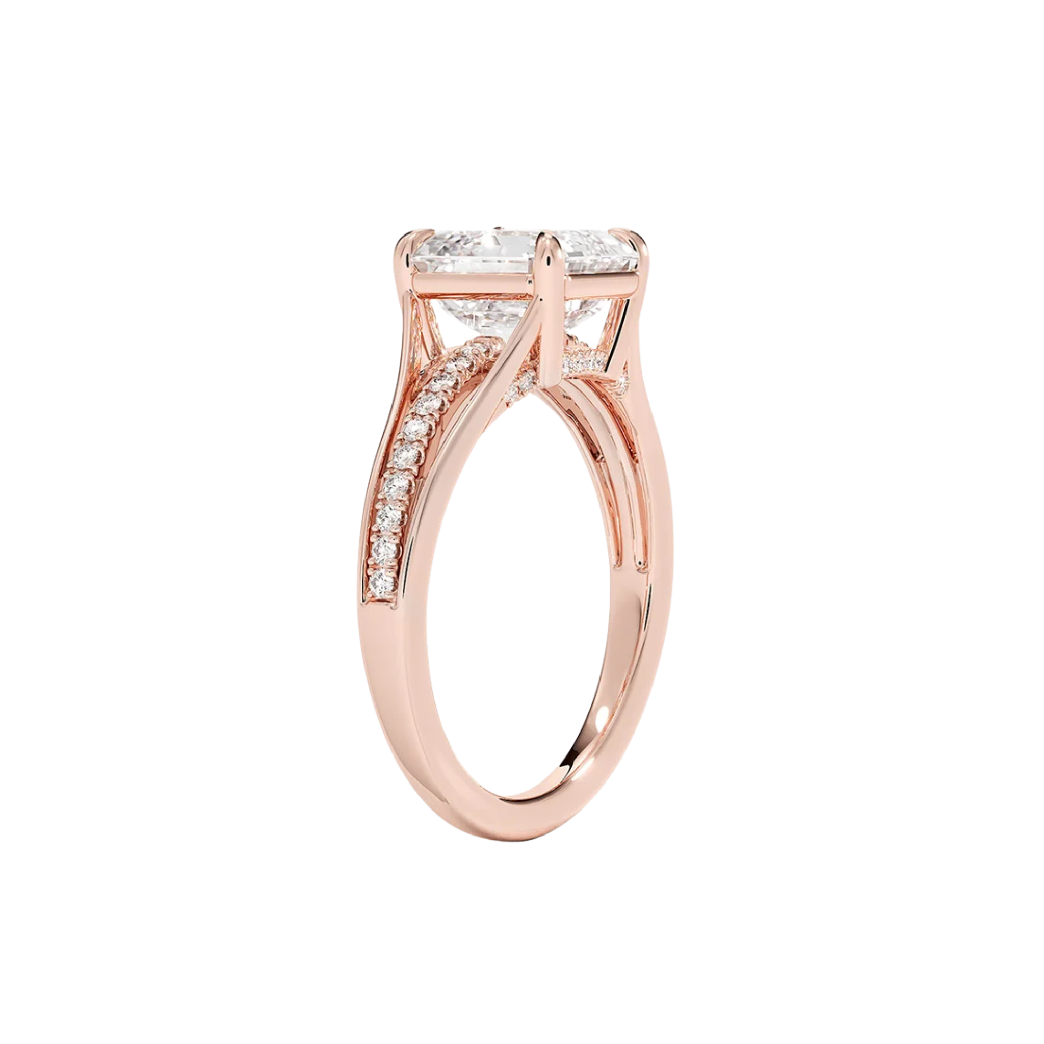 Calindra Asscher Cut Split Shank Pave Ring 18K Rose Gold - Best prices for jewelry and diamonds. The best jewelry to shop in Dubai and Abu Dhabi - Dubai Tourism. Best Shopping in Dubai Mall - Fashion Avenue, Mall of Emirates, Dubai, Palm Jumeirah and UAE. Hip-hop custom jewelry and manufacturer supplier - diamond and gold wholesaler. The best place to visit in Dubai during vacation. Richie Gold & Diamond is located in Dubai Gold Souk