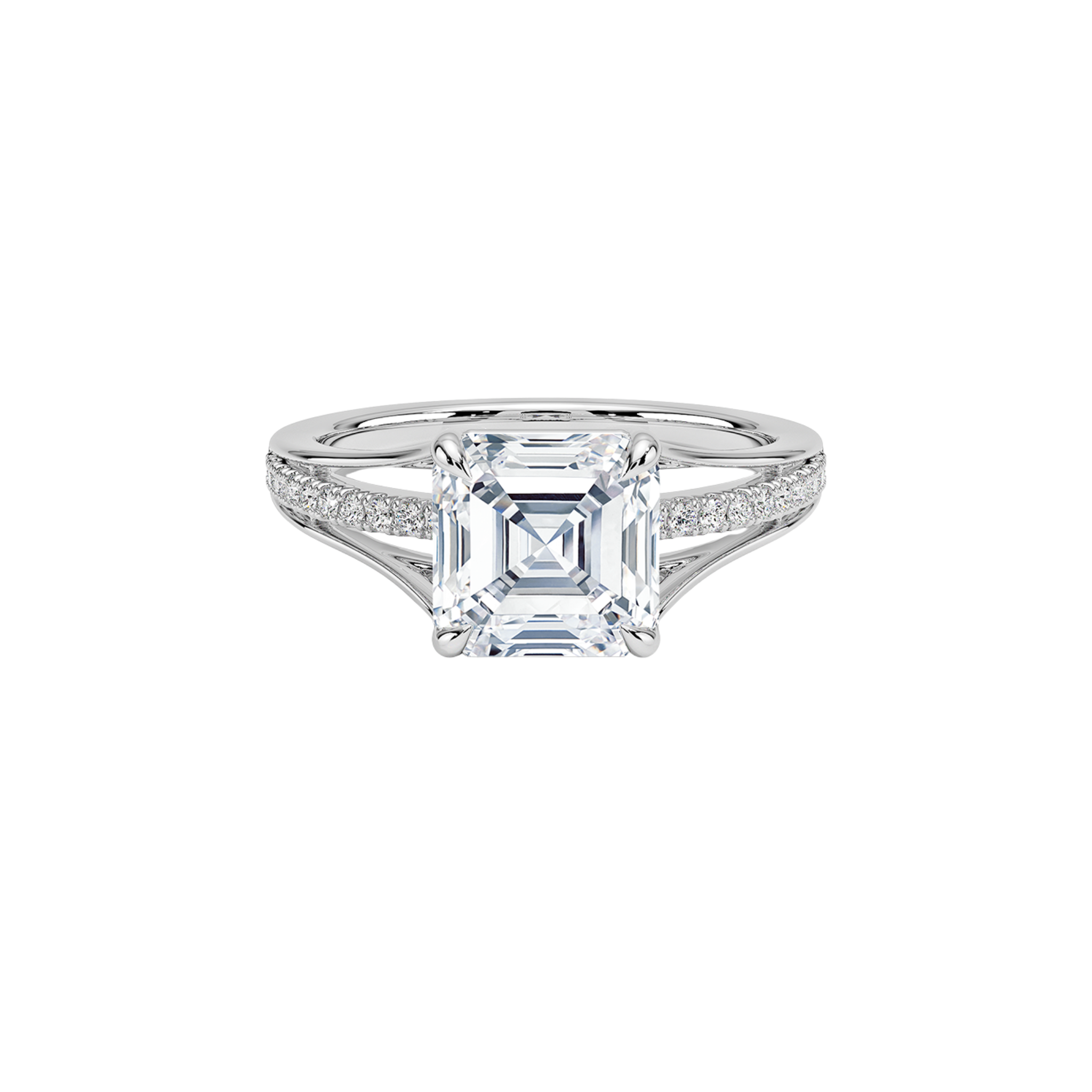 Calindra Asscher Cut Split Shank Pave Ring 18K White Gold - Best prices for jewelry and diamonds. The best jewelry to shop in Dubai and Abu Dhabi - Dubai Tourism. Best Shopping in Dubai Mall - Fashion Avenue, Mall of Emirates, Dubai, Palm Jumeirah and UAE. Hip-hop custom jewelry and manufacturer supplier - diamond and gold wholesaler. The best place to visit in Dubai during vacation. Richie Gold & Diamond is located in Dubai Gold Souk