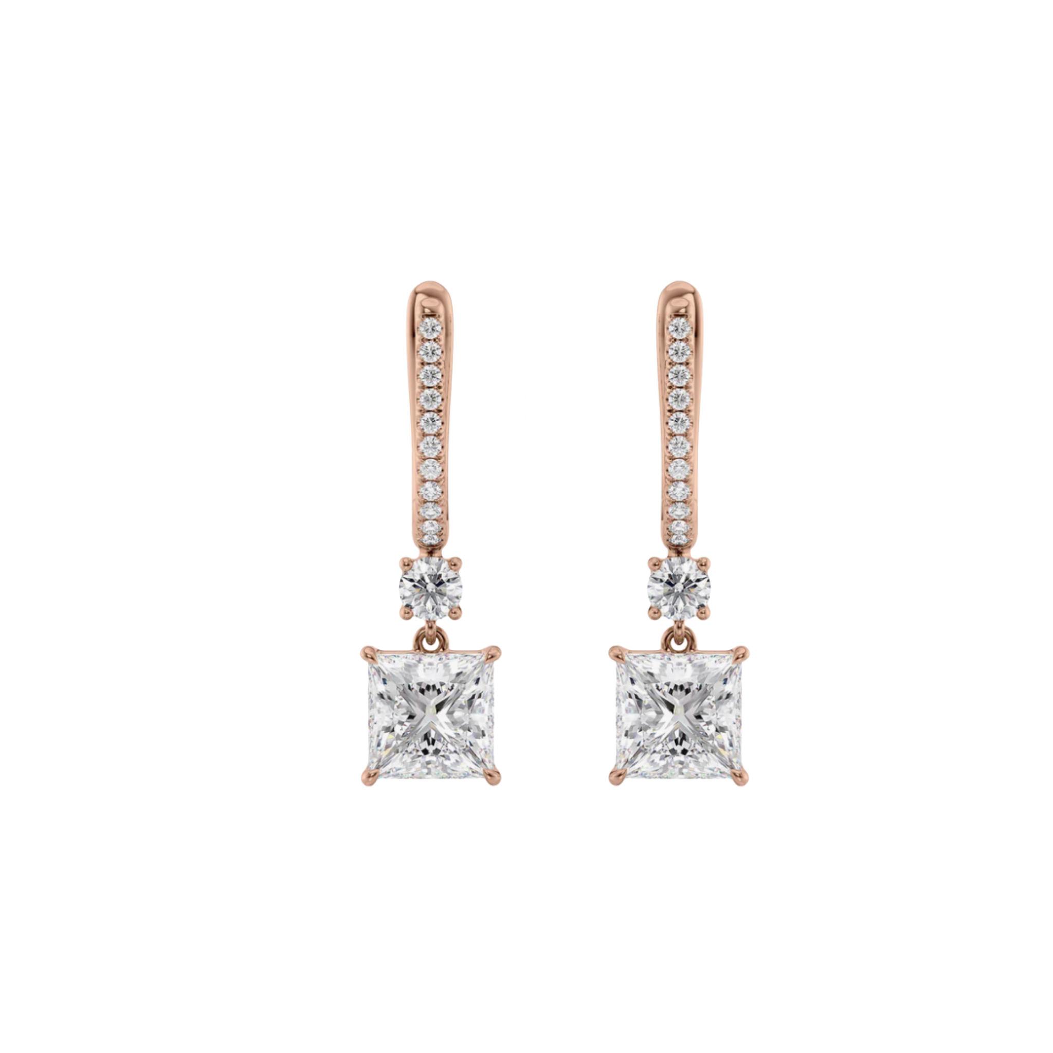 Celestia Princess-Cut Diamond Drop Earrings 18K Rose Gold - Natural Diamonds & Lab Grown Diamonds - Best prices for jewelry and diamonds. The best jewelry to shop in Dubai and Abu Dhabi - Dubai Tourism. Best Shopping in Dubai Mall - Fashion Avenue, Mall of Emirates, Dubai, Palm Jumeirah and UAE. Hip-hop custom jewelry and manufacturer supplier - diamond and gold wholesaler. The best place to visit in Dubai during vacation. Richie Gold & Diamond is located in Dubai Gold Souk