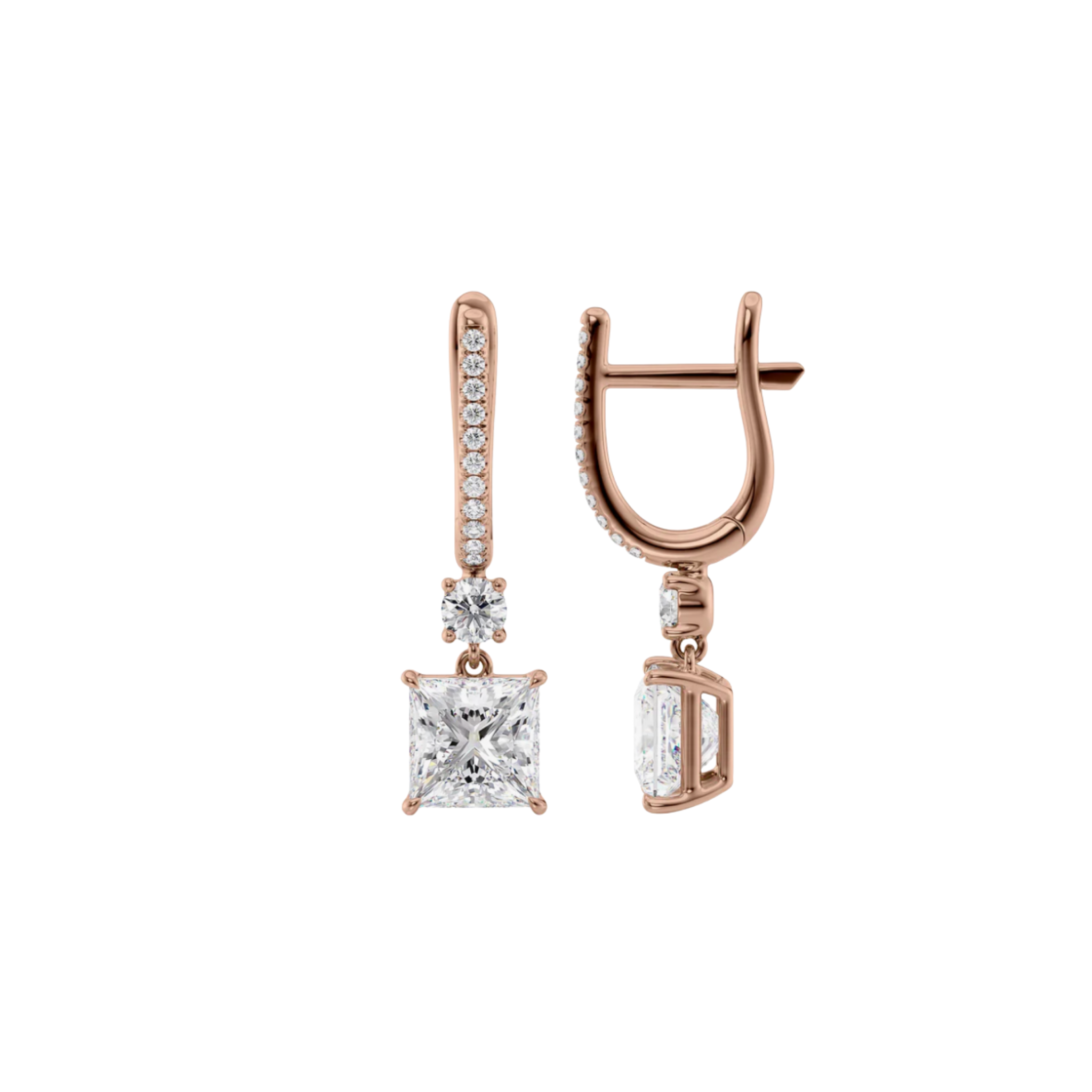 Celestia Princess-Cut Diamond Drop Earrings 18K Rose Gold - Natural Diamonds & Lab Grown Diamonds - Best prices for jewelry and diamonds. The best jewelry to shop in Dubai and Abu Dhabi - Dubai Tourism. Best Shopping in Dubai Mall - Fashion Avenue, Mall of Emirates, Dubai, Palm Jumeirah and UAE. Hip-hop custom jewelry and manufacturer supplier - diamond and gold wholesaler. The best place to visit in Dubai during vacation. Richie Gold & Diamond is located in Dubai Gold Souk