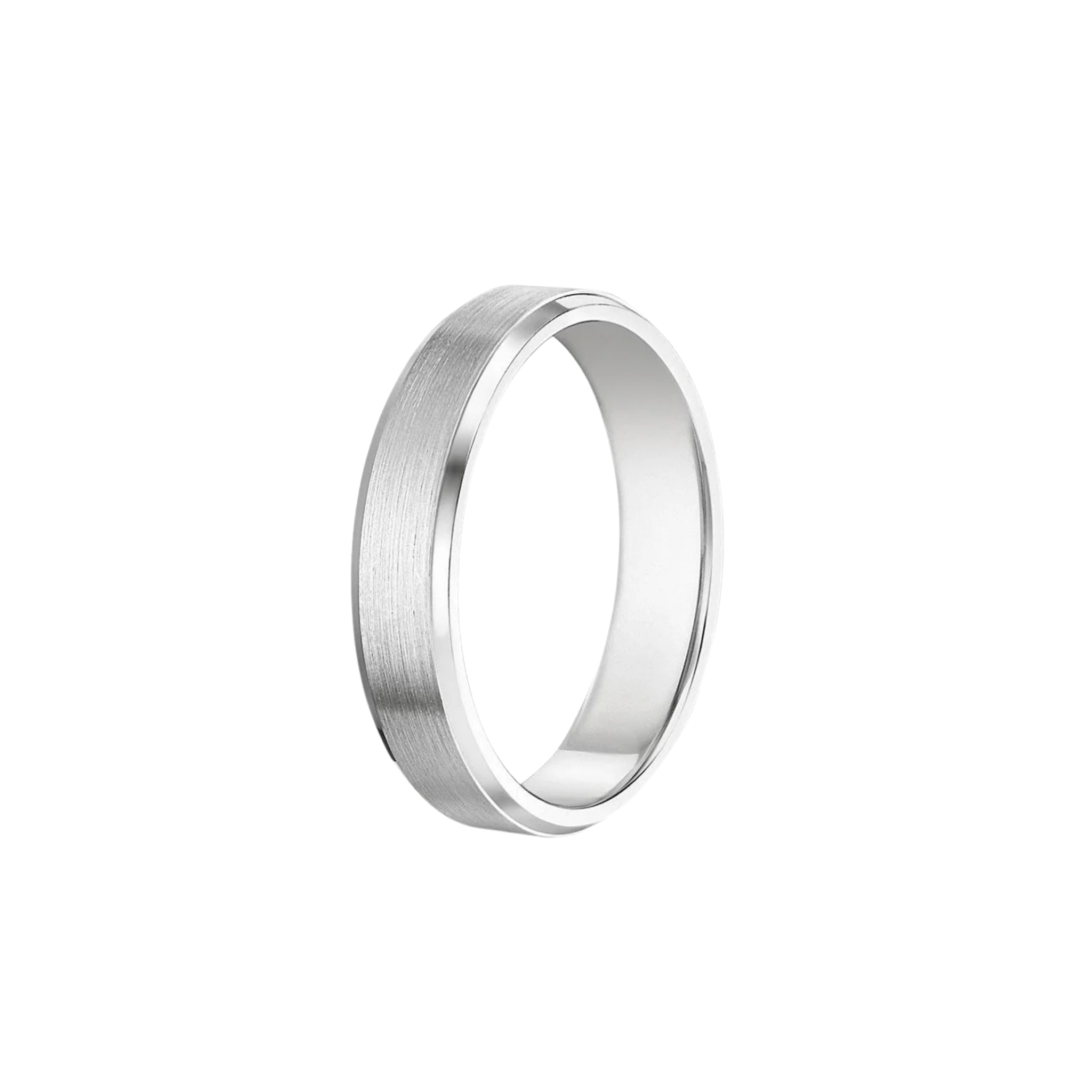 Draven Beveled Brushed Band in 18K White Gold - Natural diamond and lab grown diamond engagement rings and wedding bands at unbeatable prices. Best bridal jewelry collections in Dubai and Abu Dhabi, featuring custom-made rings, timeless solitaires, and luxury wedding sets. Richie Gold & Diamond in the heart of Dubai Gold Souk — your trusted destination for engagement rings, wedding bands, and fine jewelry in the UAE, Dubai Mall, Fashion Avenue, Mall of the Emirates, and Palm Jumeirah