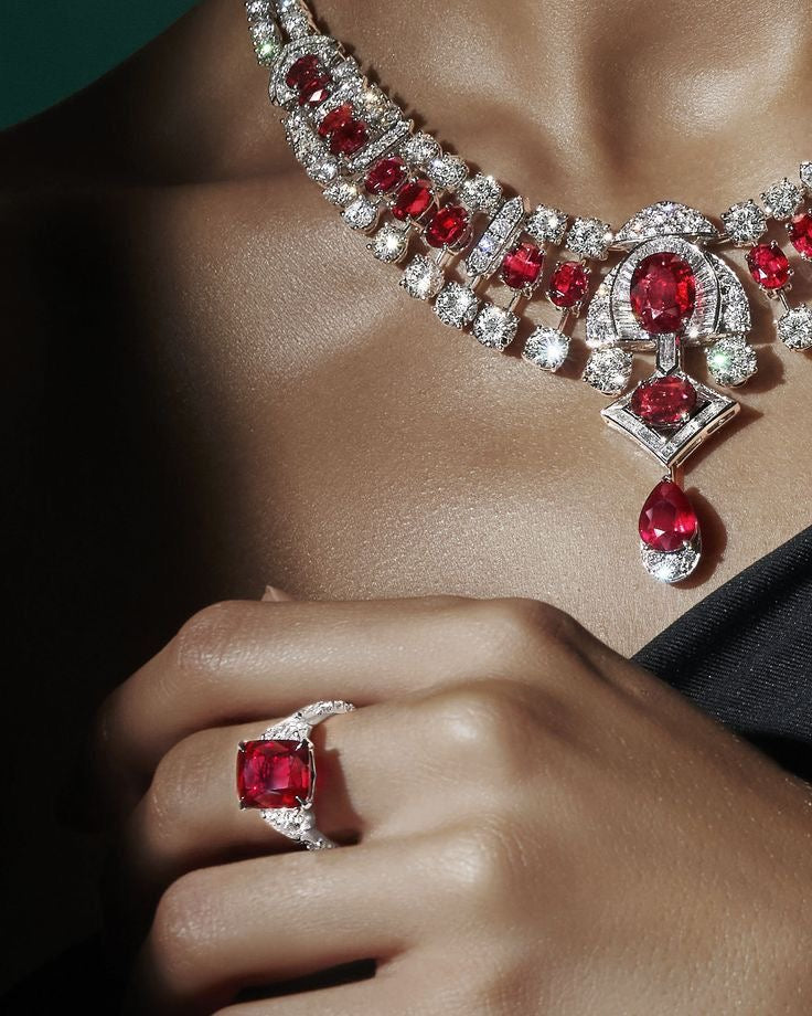 Best High jewelry collections crafted with rare diamonds, vibrant gemstones — unmatched craftsmanship. Custom high jewelry pieces to signature diamond necklaces, statement earrings, and couture rings, explore the finest luxury jewelry in Dubai and Abu Dhabi. Richie Gold & Diamond specializes custom high jewelry, GIA-certified diamonds, exclusive bridal sets, limited-edition pieces located in Dubai Gold Souk. Natural & Lab Grown Diamond Statement jewelry - Ruby High Jewelry Set
