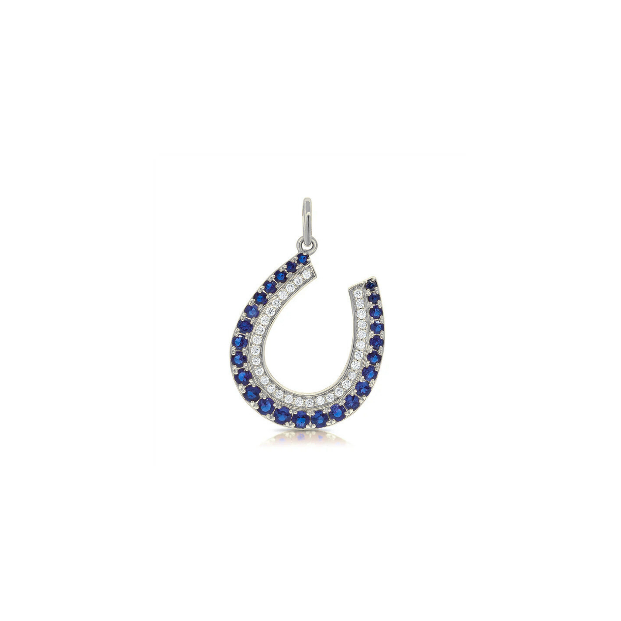 Iselda Diamond & Blue Sapphire Horseshoe Charm 18K White Gold - Natural Diamonds & Lab Grown Diamonds  - Best prices for jewelry and diamonds. The best jewelry to shop in Dubai and Abu Dhabi - Dubai Tourism. Best Shopping in Dubai Mall - Fashion Avenue, Mall of Emirates, Dubai, Palm Jumeirah and UAE. Hip-hop custom jewelry and manufacturer supplier - diamond and gold wholesaler. The best place to visit in Dubai during vacation. Richie Gold & Diamond is located in Dubai Gold Souk