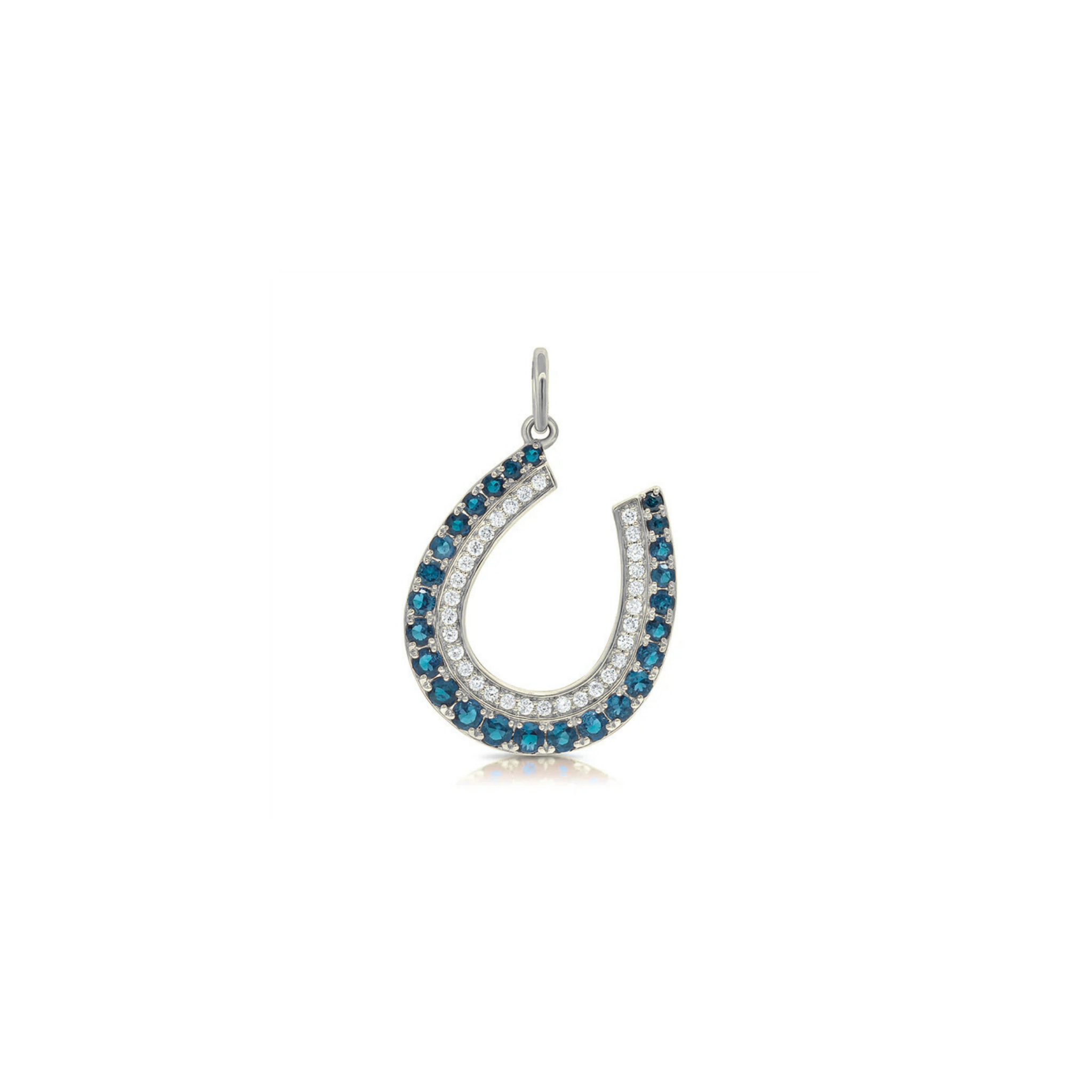 Iselda Diamond & Blue Topaz Horseshoe Charm 18K White Gold - Natural Diamonds & Lab Grown Diamonds  - Best prices for jewelry and diamonds. The best jewelry to shop in Dubai and Abu Dhabi - Dubai Tourism. Best Shopping in Dubai Mall - Fashion Avenue, Mall of Emirates, Dubai, Palm Jumeirah and UAE. Hip-hop custom jewelry and manufacturer supplier - diamond and gold wholesaler. The best place to visit in Dubai during vacation. Richie Gold & Diamond is located in Dubai Gold Souk