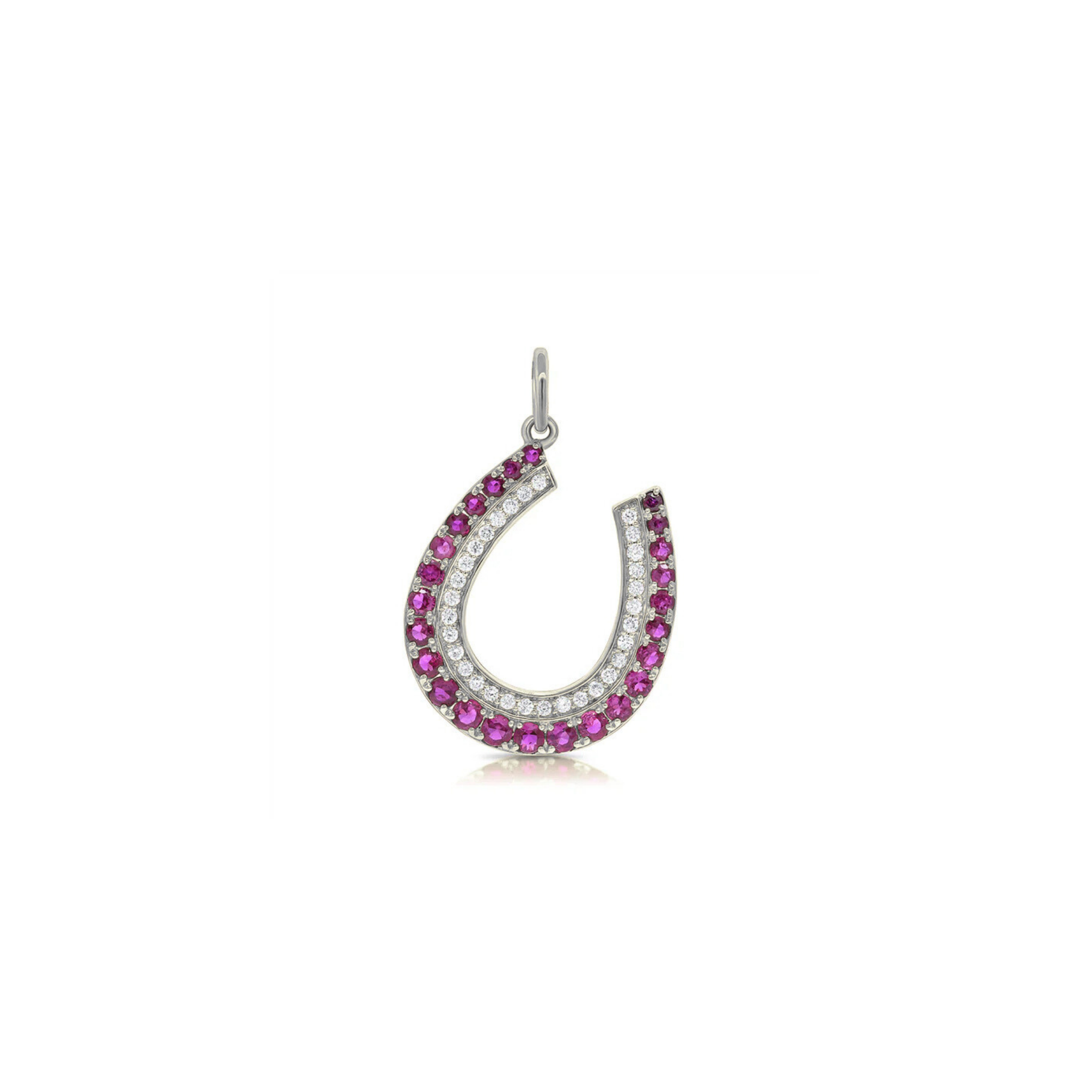 Iselda Diamond & Pink Sapphire Horseshoe Charm 18K White Gold - Natural Diamonds & Lab Grown Diamonds  - Best prices for jewelry and diamonds. The best jewelry to shop in Dubai and Abu Dhabi - Dubai Tourism. Best Shopping in Dubai Mall - Fashion Avenue, Mall of Emirates, Dubai, Palm Jumeirah and UAE. Hip-hop custom jewelry and manufacturer supplier - diamond and gold wholesaler. The best place to visit in Dubai during vacation. Richie Gold & Diamond is located in Dubai Gold Souk