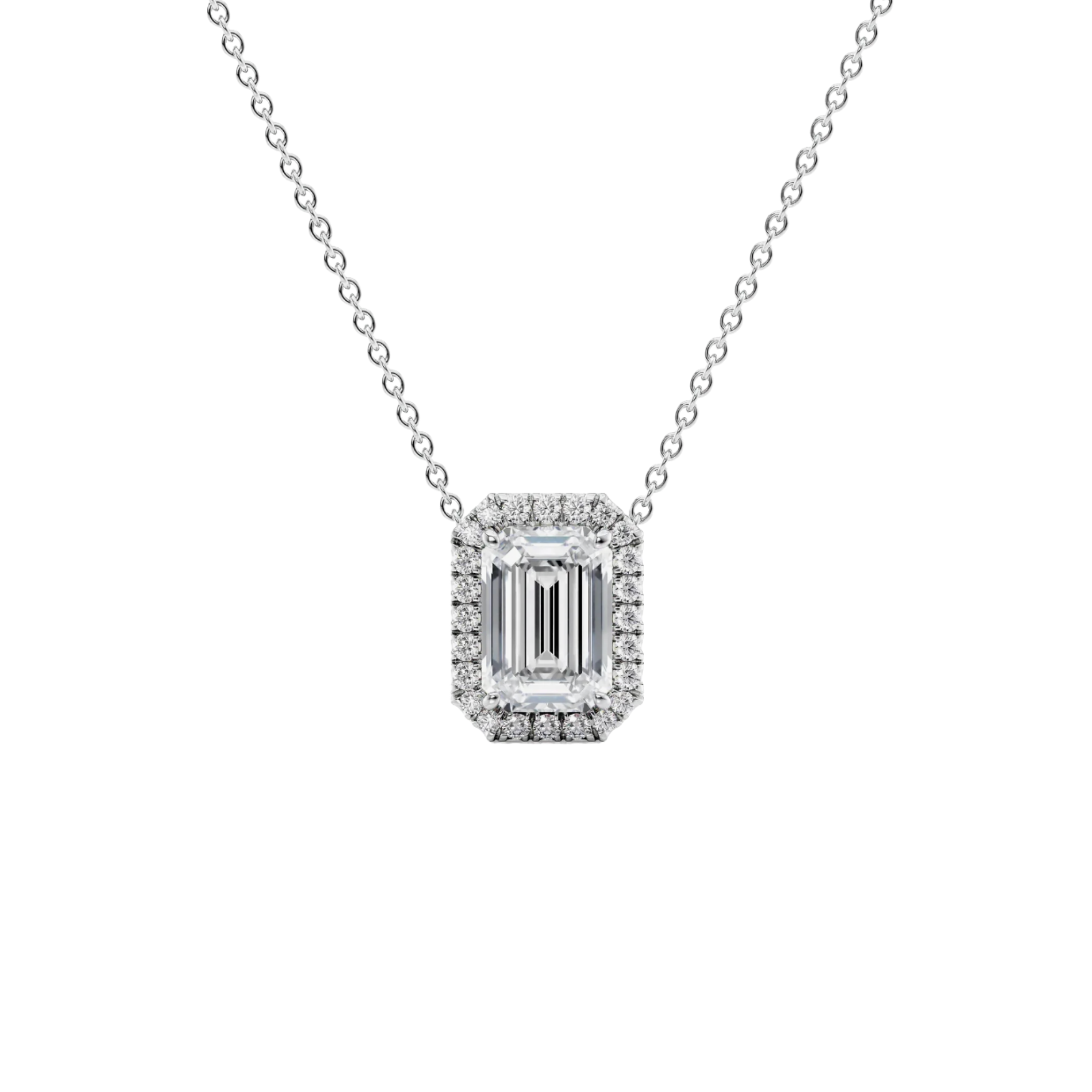 Lumina Emerald-Cut Diamond Halo Pendant 18K White Gold - Holiday Gifts, Gifts for Her, Gifts for wife, Best Online Jewelry Store, Most Reputable Diamond Jewelry Store, Best Online Jewelry Dubai, Europe and North America. Fast Online Shipping Jewelry, Natural Diamond Jewelry, Lab Grown Diamond Jewelry, Best Birthday Gift Ideas, Best Anniversary Gift Ideas, Best Christmas Gift Idea, Best Engagement Ring Brand, Best Jewelry Brand, Christmas Shopping. 
